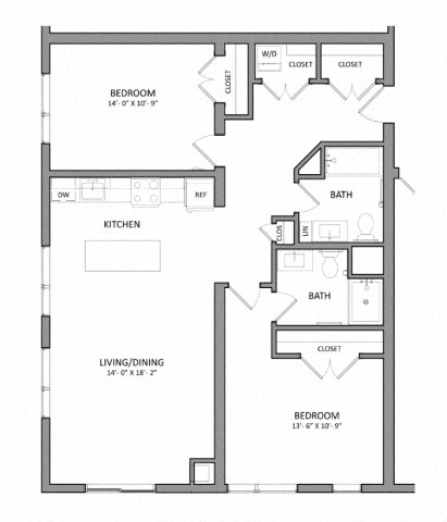 Floor plan for 2 beds, 2 baths, 1065 sqft